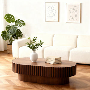 English Elm Oval Fluted Walnut Coffee Table Sculptural Pedestal Base Mid Century Living Room W3204P391004