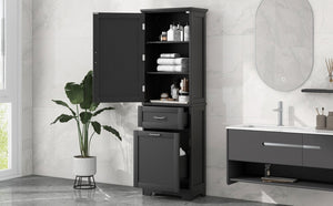 English Elm Tall Bathroom Storage Cabinet - Freestanding, Adjustable Shelf & Dual Drawer Design In Matte Black Finish N725P206895B-GIGA