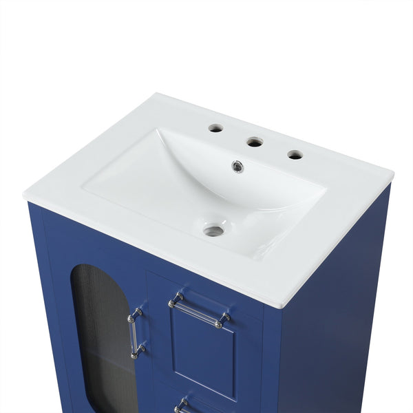 English Elm 24" Modern Bathroom Vanity with Ceramic Sink, Solid Wood & MDF Cabinet, Two Drawers, Shelf Blue N725P245273C
