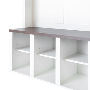 English Elm On-Trend Farmhouse Wooden Hall Tree With 6 Hooks, 4-In-1 Storage Bench & Adjustable Shelves, White N721S000044K-GIGA