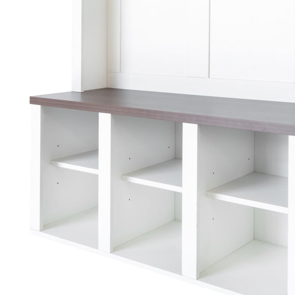 English Elm On-Trend Farmhouse Wooden Hall Tree With 6 Hooks, 4-In-1 Storage Bench & Adjustable Shelves, White N721S000044K-GIGA