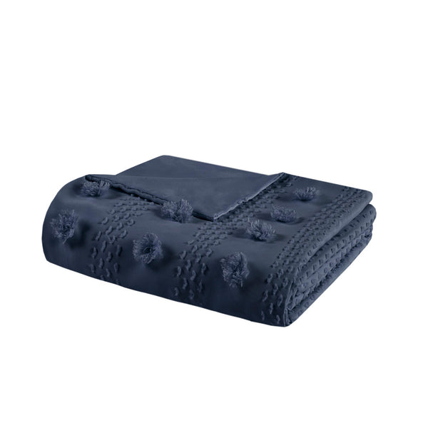 JLA Home Intelligent Design - Clip Jacquard Pompom Duvet Cover Set with Button Closure, OEKO-TEX, Antimicrobial Finish for Cozy, Durable Sleep (Twin/Twin XL) Navy ID12-2280