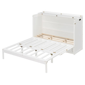 English Elm Queen Murphy Wall Bed Cabinet with Storage Drawer Built-in Power Outlets Usb Ports White LP000400AAK-1