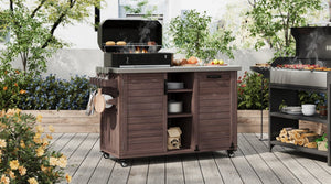 English Elm K&k Outdoor Rolling Kitchen Island Fir Wood Stainless Steel Top with Foldable Prep Station Dark Brown N707P370276Z