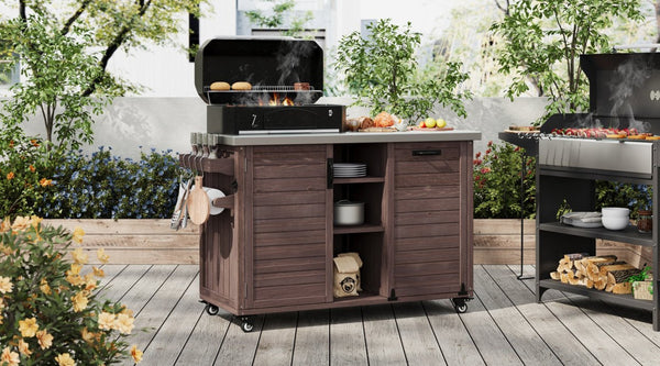 English Elm K&k Outdoor Rolling Kitchen Island Fir Wood Stainless Steel Top with Foldable Prep Station Dark Brown N707P370276Z