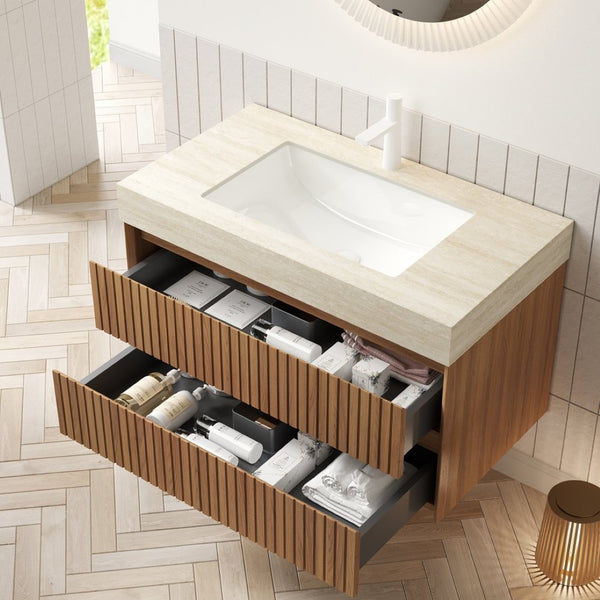 English Elm Tilley 36" Floating Bathroom Vanity With Travertine Top, Ceramic Basin & Soft-Close Drawers, Brown Oak W2615S00231-GIGA