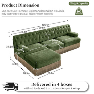 English Elm 3-seater Velvet Modular Sectional with Button Tufting Tassel Skirt and Wooden Base Green W714S01706