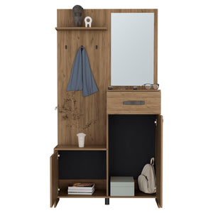 English Elm Parker 75" Tall Mirrored Hall Tree with Hangers, Shelves, Cabinets & Drawer—Oak Entryway Organizer B070P264147