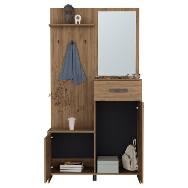 English Elm Parker 75" Tall Mirrored Hall Tree with Hangers, Shelves, Cabinets & Drawer—Oak Entryway Organizer B070P264147