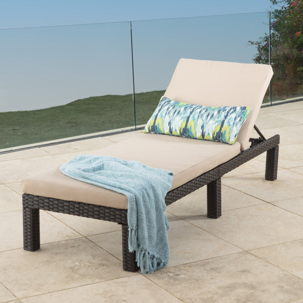English Elm Christopher Knight Home® - PUERTA Chaise Lounge with Water-Repellent Beige Cushion, Dark Brown PE Rattan Frame, All-Season Comfort N775P247421B