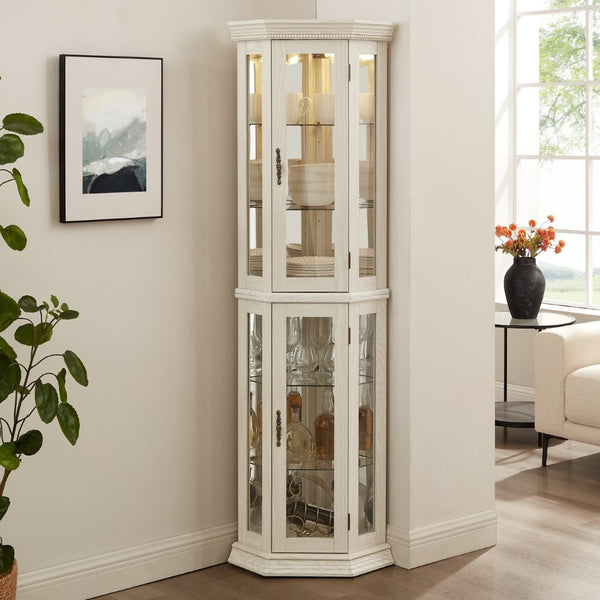 English Elm Lighted Corner Curio Cabinet with Led Glow Tempered Glass Shelves and Mirrored Back W2275P292641