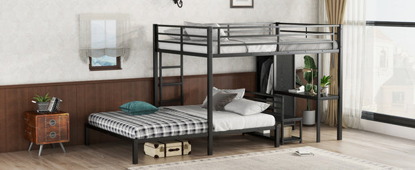 English Elm Queen Over Queen Bunk Bed Frame With Desk, Storage Chairs & Wardrobe – Space-Saving Black Design W1580S00110-GIGA