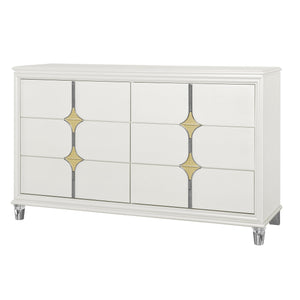 English Elm URIUNI Gold Chest with Acrylic Front Legs, Gold-Accented Spacious Drawers and Stainless Steel Backs Gold,White 66.14 L x 20.24 W x 39.13 H B201P299625