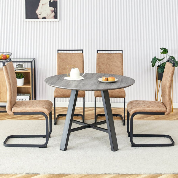 English Elm Table Modern Minimalist 5-Piece Dining Set - 42" Round Gray Mdf Table & 4 Brown Fabric Chairs W1151S03022-GIGA