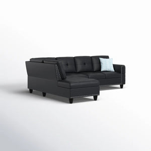 English Elm Black Faux Leather L Shaped Sectional with Cup Holders Nailhead Trim Storage Black B2730S00026