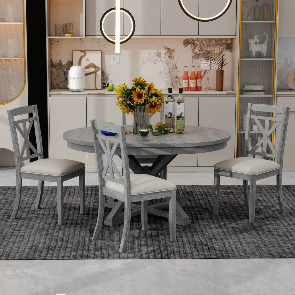 English Elm Trexm Retro Extendable Round Dining Set with Four Linen Upholstered Chairs Rubberwood Grey ST000141AAE-2026
