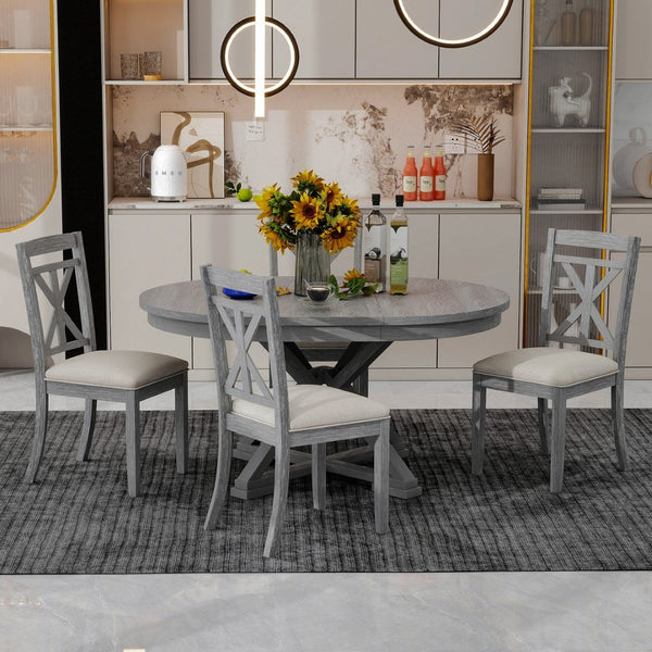 English Elm Trexm Retro Extendable Round Dining Set with Four Linen Upholstered Chairs Rubberwood Grey ST000141AAE-2026