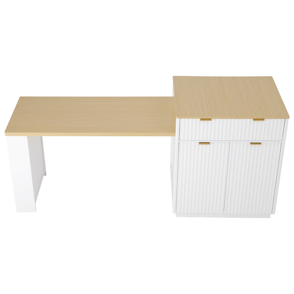 English Elm K&K Fluted Kitchen Island with Extendable Dining Table, Art Deco Mid-Century Design, Built-In Power Hub, Gold Handle White N707S000018W