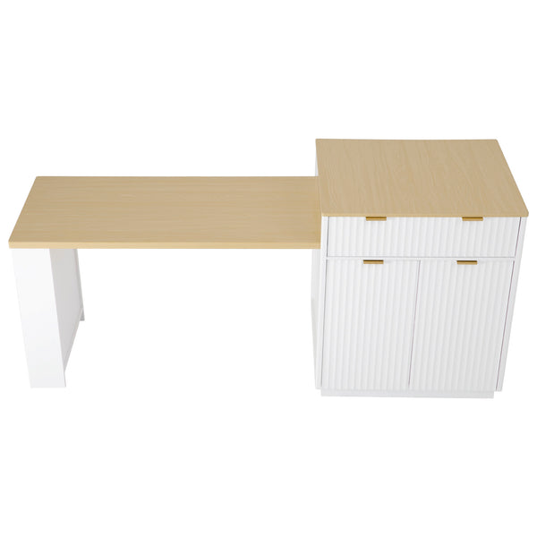 English Elm K&K Fluted Kitchen Island with Extendable Dining Table, Art Deco Mid-Century Design, Built-In Power Hub, Gold Handle White N707S000018W