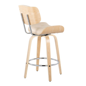 English Elm Lombardi Mid-Century Counter Stool 26" Set of 2 — Tufted Faux Leather Seats, Swivel, Wood Backrest Cream B202S00345