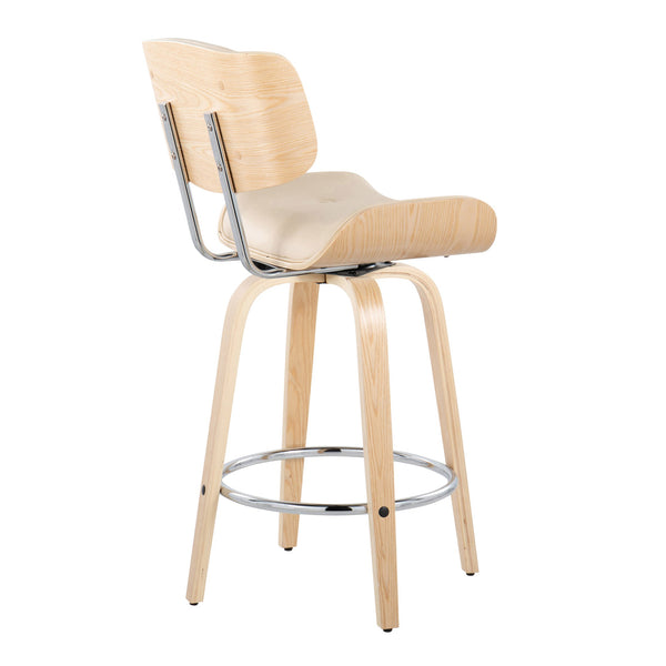 English Elm Lombardi Mid-Century Counter Stool 26" Set of 2 — Tufted Faux Leather Seats, Swivel, Wood Backrest Cream B202S00345