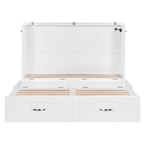 English Elm Full Size Murphy Wall Bed with Storage Drawers Usb Charging Ports and Pulley Mechanism White LP100670AAK