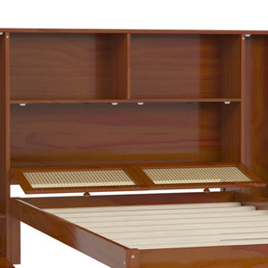 English Elm Twin Multifunctional Bed with Rattan Headboard Storage, Drawer & Shelves — Space-Saving Pine Design Walnut 50.4 L x 19.8 W x 5.5 H N733S241280D