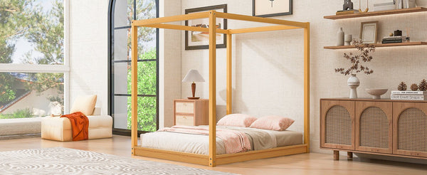 English Elm Queen Canopy Platform Bed with Sturdy Support Legs, Pine/MDF Frame, Slatted Ventilated Base, 550lb Capacity Natural WF293232AAM