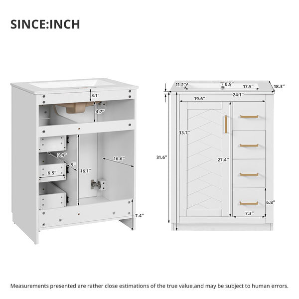 English Elm 24" Modern Bathroom Vanity With Integrated Sink, Soft-Close Drawers, Stylish Gold Hardware Finish N710P341038K