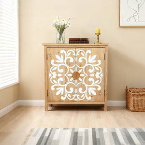English Elm Rustic Wooden Accent Cabinet with Floral Carved Doors, Antique Brown White, Sturdy 2-Door Storage for Entryway, Dining Room, Living Room W2295P365012