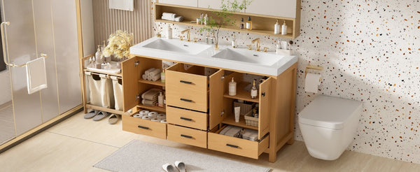 English Elm [video]59.3 Inch Wall Mounted Double Sink Vanity Wood Grain Mdf Soft Close Storage N729P000013O