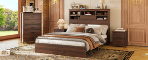 English Elm 4PCS Queen Bedroom Set with Storage Headboard & Built‑In Charging Station, 2 Nightstands, Dresser Walnut 54.25 L x 18.75 W x 9.25 H N733S307937W