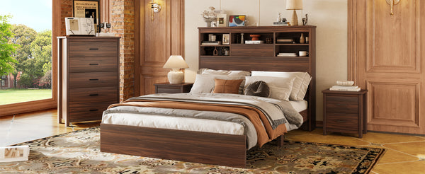 English Elm 4PCS Queen Bedroom Set with Storage Headboard & Built‑In Charging Station, 2 Nightstands, Dresser Walnut 54.25 L x 18.75 W x 9.25 H N733S307937W
