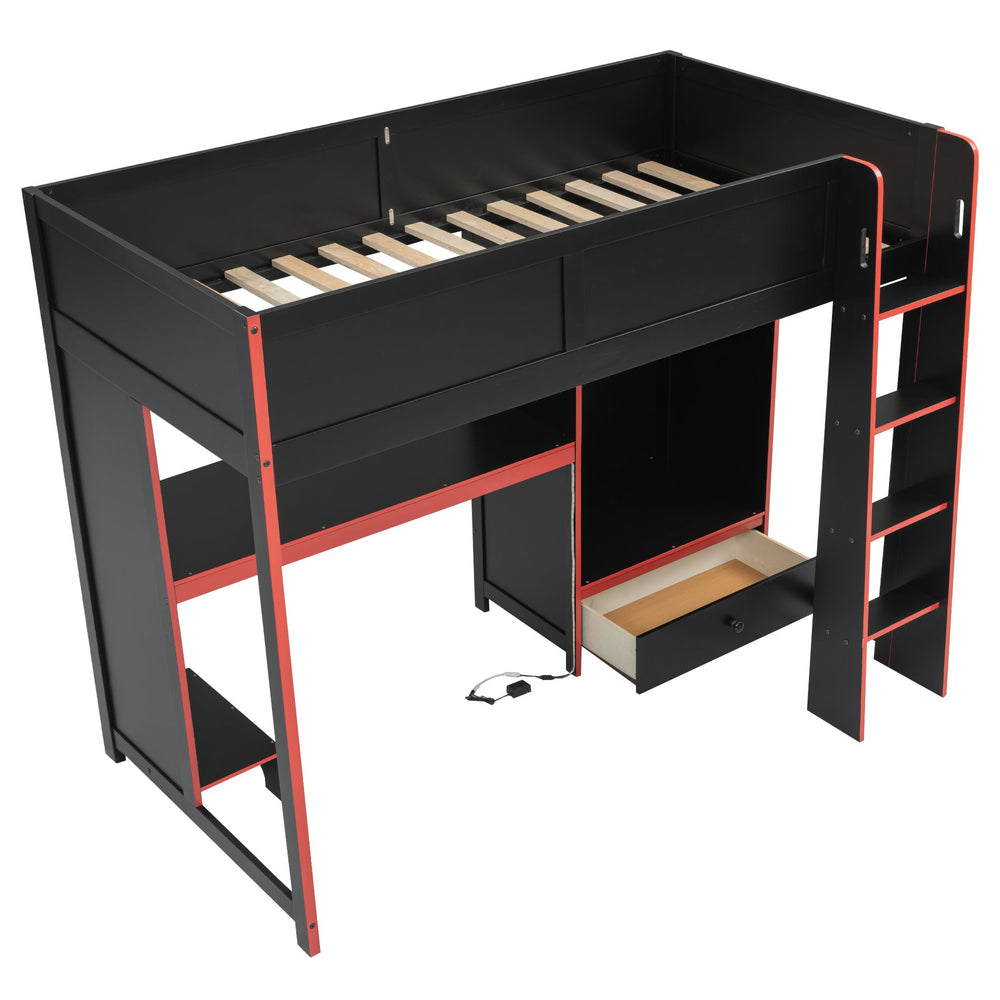English Elm Wood Twin Gaming Loft Bed with Desk, Wardrobe, LED Lighting & Drawer — Space-Saving Black Red Accent, 400lb Capacity N7090004010B