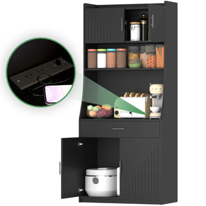 English Elm 71" Kitchen Storage Cabinet with Charging Station, Black MDF Pantry, Anti-Tip, Drawer & Countertop W2227P160486
