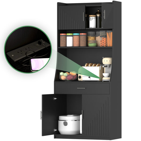 English Elm 71" Kitchen Storage Cabinet with Charging Station, Black MDF Pantry, Anti-Tip, Drawer & Countertop W2227P160486