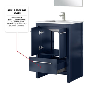 English Elm Navy Blue Bath Vanity Set With White Quartz Top, Brushed Nickel Faucet & Matching Mirror, 24 In. B2731S02024