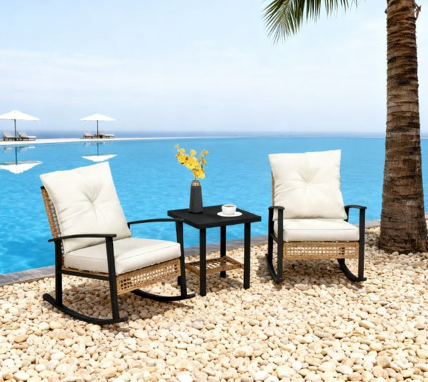 English Elm Patio Pe Rattan Rocking Chair Set with Tufted Cushions and Matching Coffee Table Beige+White,Natural T3971P419108
