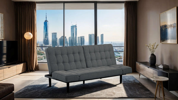 English Elm Dark Gray Futon Sofa With Biscuit Tufting – Stylish Convertible Couch With Adjustable Arm Rests! B2741P314790
