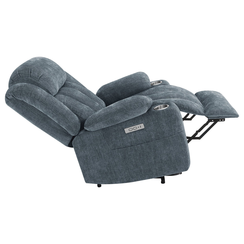 English Elm Beca Slate Blue Upholstered Power Lift Recliner with USB, Cupholders, Plush Channeling & Pillow Arms — Cozy Movie Night Comfort B062P378402
