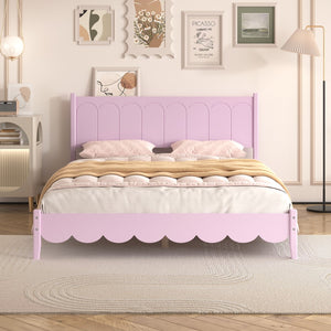 English Elm Queen Size Wood Platform Bed Frame, Retro Style Bed With Rectangular Headboard,No Need Box Spring,Pink