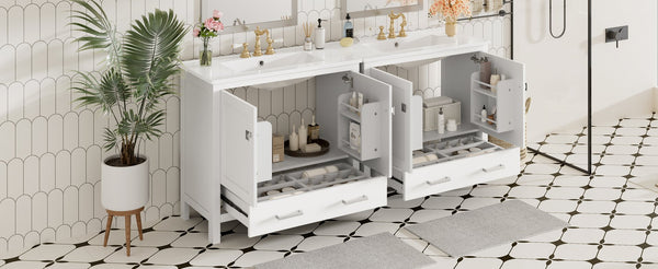 English Elm 72" White Bathroom Vanity Set with Dual Ceramic Sinks, Soft-Close Doors, Divided Drawers & Ample Storage, Solid Wood Frame, Easy Plumbing Access N729P000006K