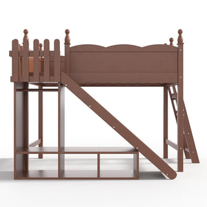 English Elm Twin Loft Bed Solid Pine Frame with Wardrobe Shelving Detachable Slide Kids Room Antique Natural W5305S00020