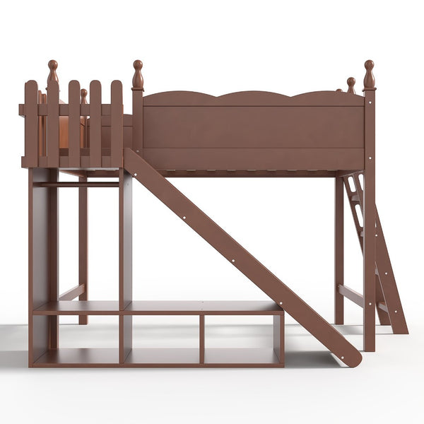 English Elm Twin Loft Bed Solid Pine Frame with Wardrobe Shelving Detachable Slide Kids Room Antique Natural W5305S00020