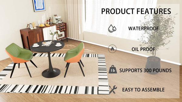 English Elm 31.5" Black Round Tulip Dining Table Set With 2 Ergonomic Leather Chairs - Modern Mid-Century Design W2189S00709