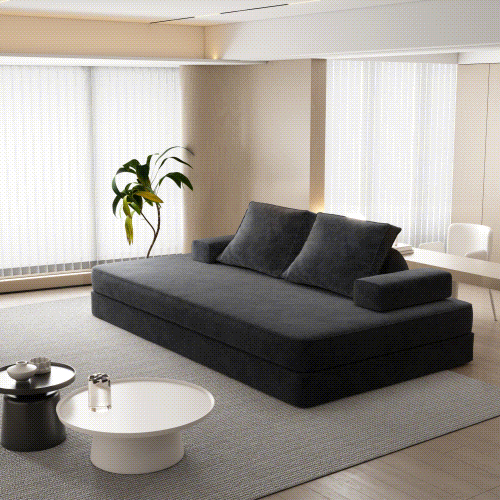English Elm 86.6"Multifunctional Folding Sofa Bed with Chaise, Fluffy Chenille, Removable Backs & Pillows, Deep Seat Lounge DARK GREY W3219P340667