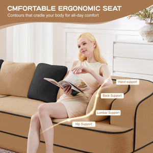 English Elm 135" Plush Teddy Fabric 4-Seat Modular Sofa No Assembly Cloudlike 32D High‑Resilience Comfort Lounge Camel W714S01419