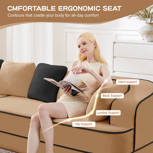 English Elm 135" Plush Teddy Fabric 4-Seat Modular Sofa No Assembly Cloudlike 32D High‑Resilience Comfort Lounge Camel W714S01419