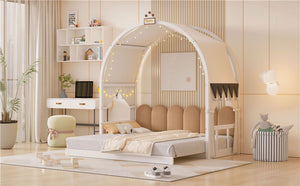 English Elm Twin Pinewood Ground-Level Canopy Bed with Arched Roof and Trundle for Kids—Whimsical, Sturdy Design White N820P181648K