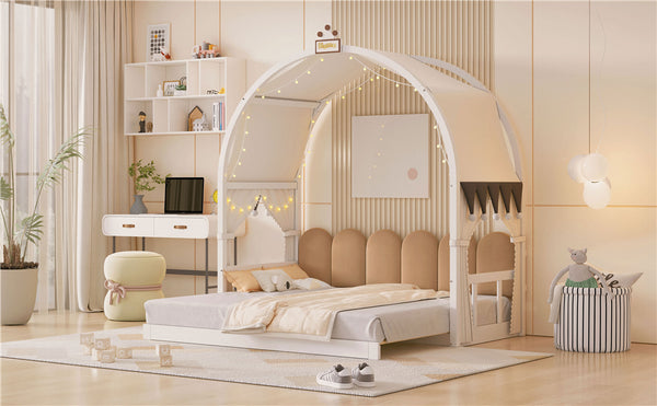English Elm Twin Pinewood Ground-Level Canopy Bed with Arched Roof and Trundle for Kids—Whimsical, Sturdy Design White N820P181648K
